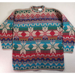 Vintage Needles & Yarn Sweater Womens Large L Multi Snowflake Print Long Sleeve